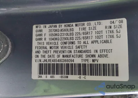 2008 Honda Cr-V Ex from USA, damaged, VIN JHLRE48548C066094